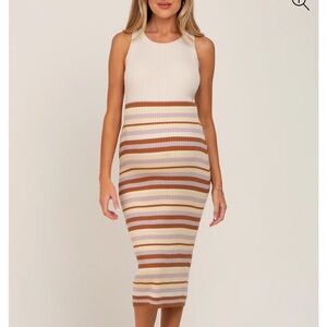 Beige Striped Cutout Knit Maternity Midi Dress PinkBlush